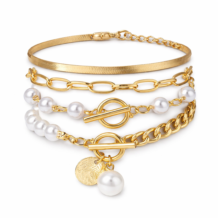 Chic Gold Bracelet Set (4 pieces) – Snake, Pearls, and Links