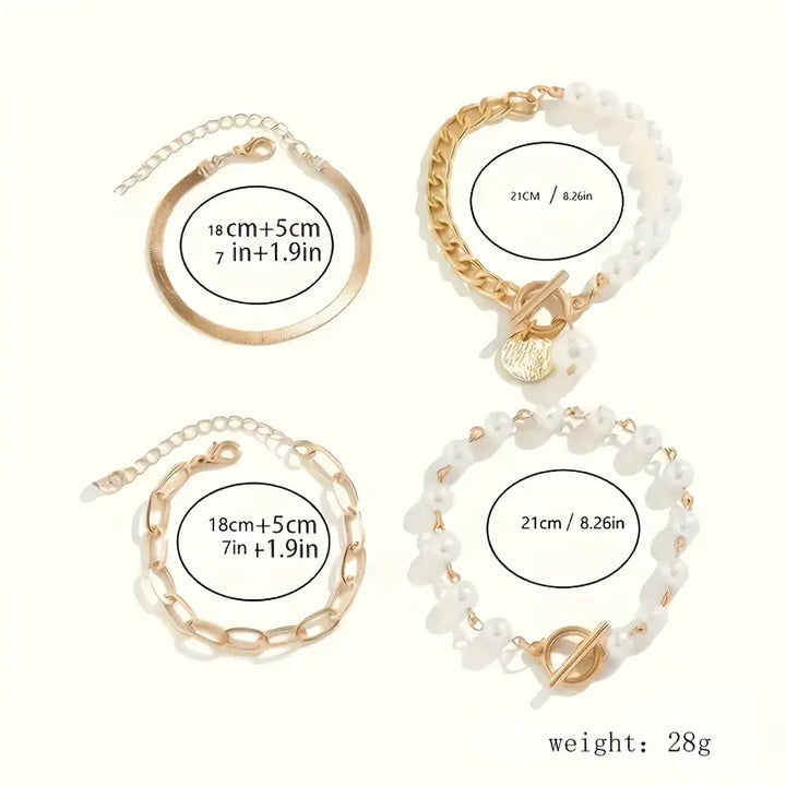 Chic Gold Bracelet Set (4 pieces) – Snake, Pearls, and Links